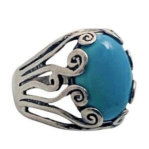Blue Turquoise 925 Sterling Silver Ring Size 10 Firoza Israel Cabochon
